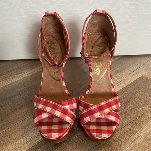Red white Gingham Wedges Schuh - Picture 2 of 4